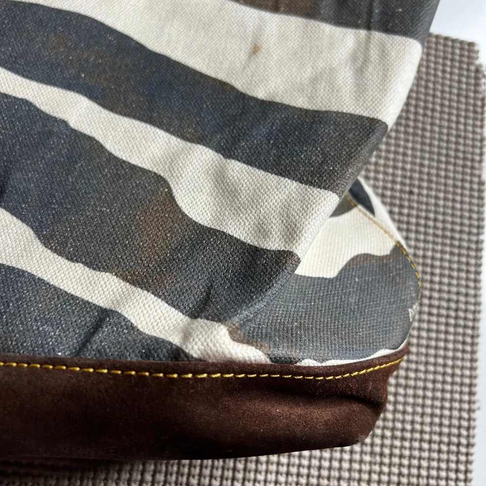 Dooney & Bourke Zebra Print Canvas Tote Bag Red Leather Trim Brown Suede Base